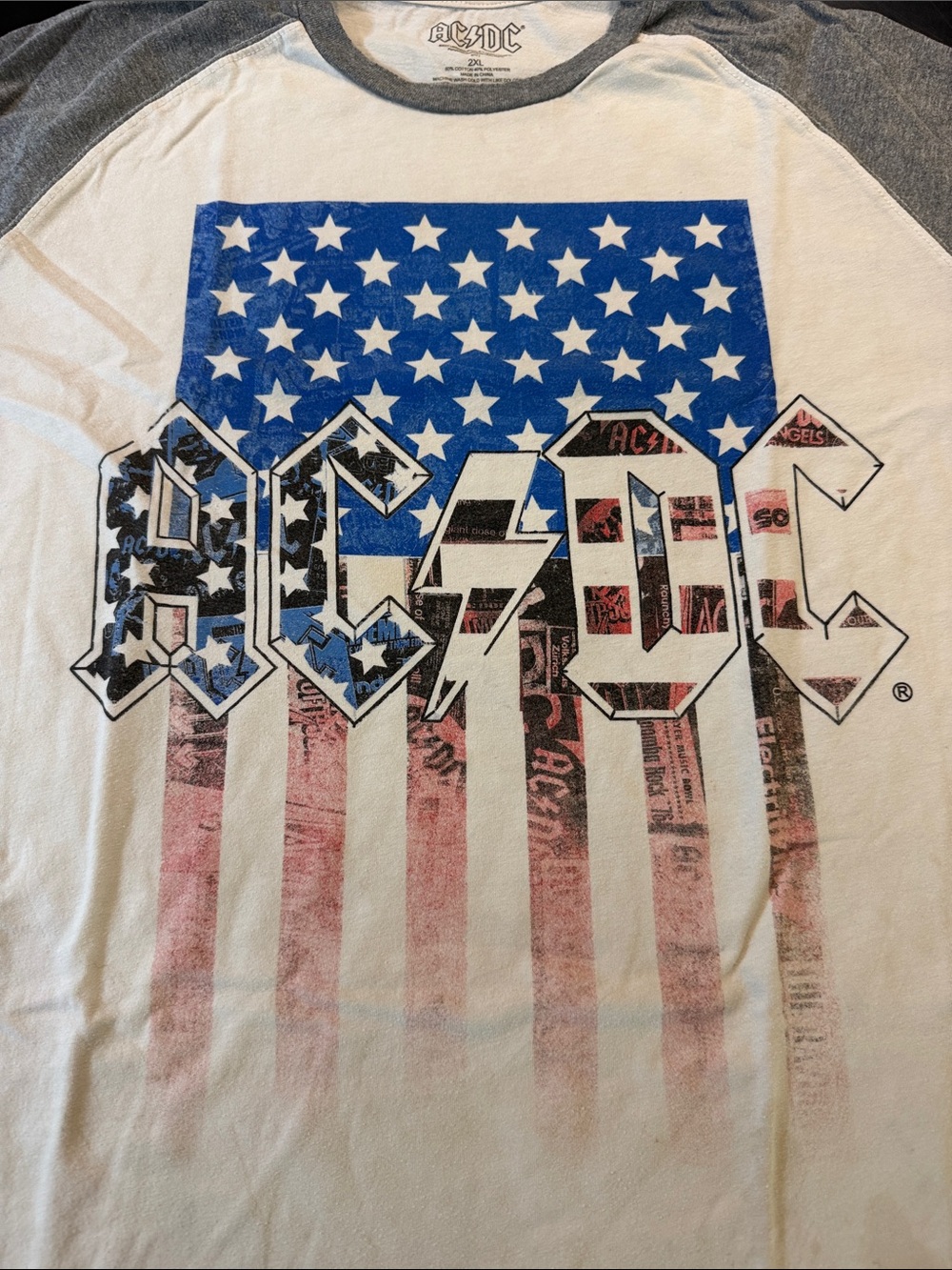 AC/DC Brand merchandise White and Gray Raglan Tee with Blue and Red Flag Graphic